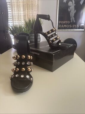 Karl Lagerfeld Black Studded T-Strap Platform Heels with Gold & Crystal Accents